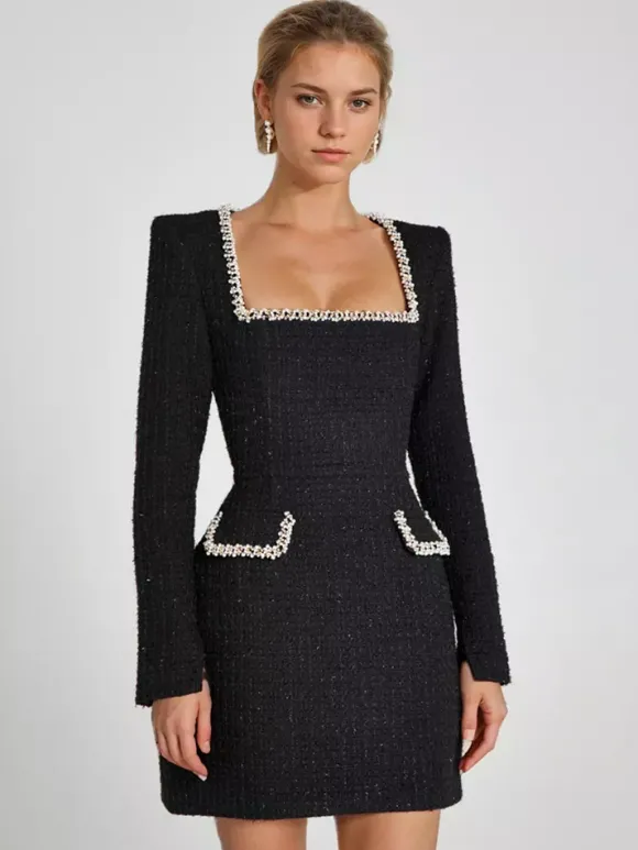 Mini robe à col en U et manches longues pour femme tenue de soirée d'anniversaire semi-formelle 2026