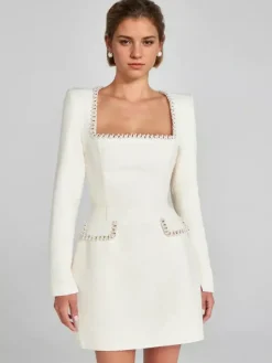 Mini robe à col en U et manches longues pour femme tenue de soirée d'anniversaire semi-formelle 2026