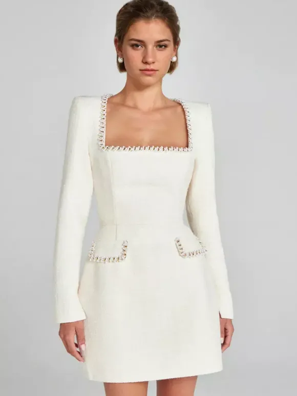 Mini robe à col en U et manches longues pour femme tenue de soirée d'anniversaire semi-formelle 2026