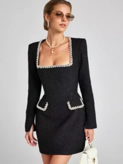 Mini robe à col en U et manches longues pour femme tenue de soirée d'anniversaire semi-formelle 2026