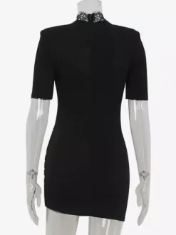 Mini robe moulante noire avec bordure en dentelle et col haut - Robe de club sexy pour femme 2026