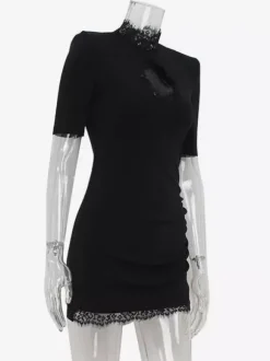Mini robe moulante noire avec bordure en dentelle et col haut - Robe de club sexy pour femme 2026
