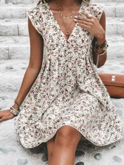 Mini-robes blanches imprimées sans manches pour femmes