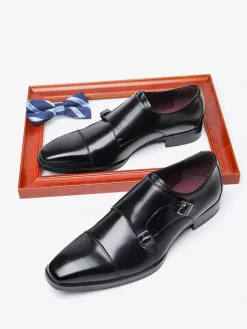 Mocassins à lacets pour homme bout uni double boucle cuir antidérapant talon carré chaussures de bal basses