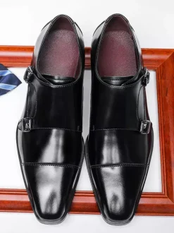 Mocassins à lacets pour homme bout uni double boucle cuir antidérapant talon carré chaussures de bal basses
