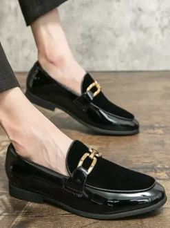 Mocassins à mors pour hommes en daim cuir à enfiler avec boucle à chaîne bout pointu talons bas chaussures de bal