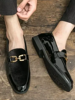 Mocassins à mors pour hommes en daim cuir à enfiler avec boucle à chaîne bout pointu talons bas chaussures de bal