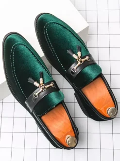 Mocassins à pampilles en velours pour homme chaussures à boucle en métal et corde pour mariage bal de promo