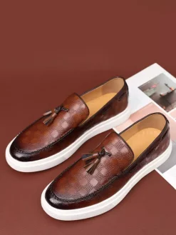 Mocassins à pampilles pour hommes motif écossais en cuir à enfiler à pampilles bout rond semelle basse chaussures épaisses
