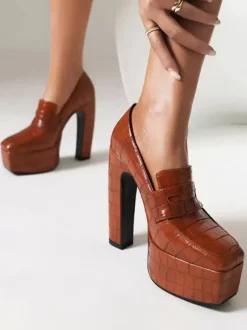 Mocassins à plateforme pour femmes talons épais motif pierre escarpins à enfiler