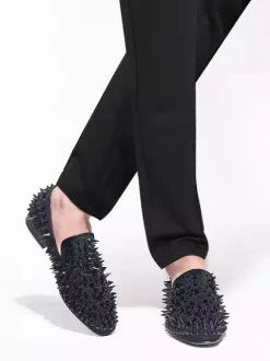 Mocassins à pointes noires pour hommes Slip-On Bout Rond Chaussures de mariage soirée
