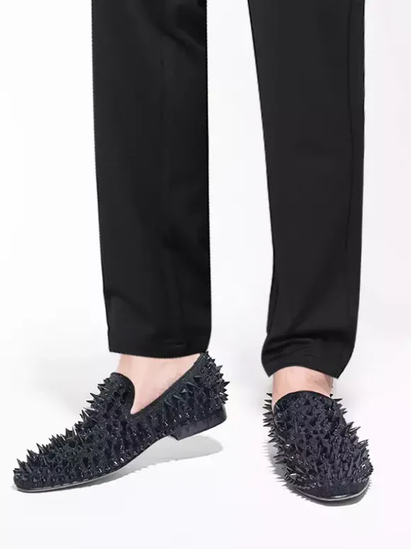 Mocassins à pointes noires pour hommes Slip-On Bout Rond Chaussures de mariage soirée