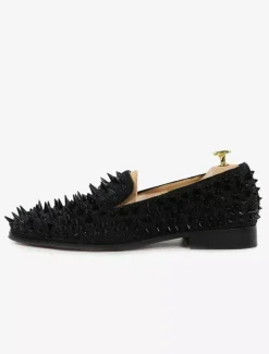 Mocassins à pointes noires pour hommes Slip-On Bout Rond Chaussures de mariage soirée