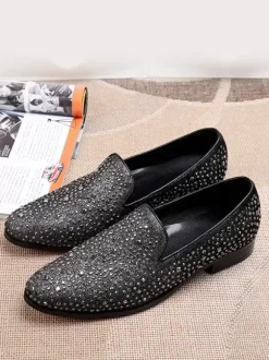 Mocassins à rivets et paillettes pour homme chaussures de mariage de bal à enfiler en cuir et à bout pointu