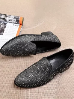 Mocassins à rivets et paillettes pour homme chaussures de mariage de bal à enfiler en cuir et à bout pointu