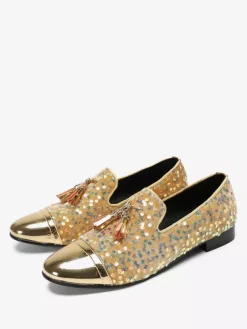 Mocassins à rivets et paillettes pour homme bout pointu en cuir de vache avec pompons chaussures de bal et de mariage