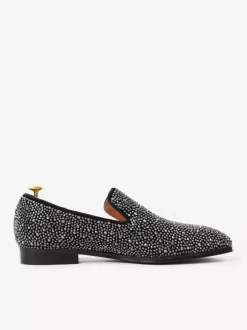 Mocassins à rivets pour hommes en daim argenté avec strass et cristaux chaussures à enfiler pour bal de promo mariage