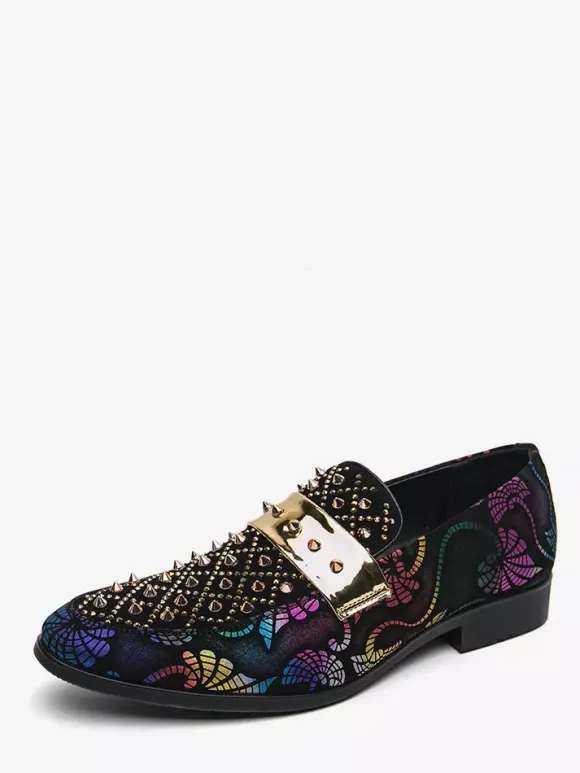 Mocassins à rivets pour hommes chaussures en daim à imprimé épissure bout rond talons bas chaussures de bal
