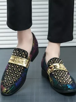 Mocassins à rivets pour hommes chaussures en daim à imprimé épissure bout rond talons bas chaussures de bal