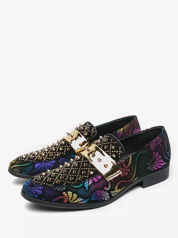 Mocassins à rivets pour hommes chaussures en daim à imprimé épissure bout rond talons bas chaussures de bal