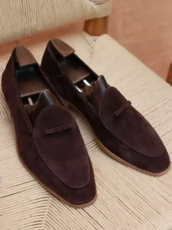 Mocassins belges pour hommes en daim bout rond en cuir à enfiler style rétro décontractés
