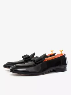 Mocassins Chaussures de Mariage Soirée Homme en Cuir Synthétique Verni avec Noeud Unicolore