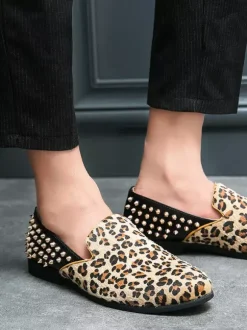 Mocassins homme léopard en daim à bout rond et rivets