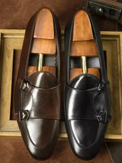 Mocassins noirs à bout rond en cuir véritable pour homme