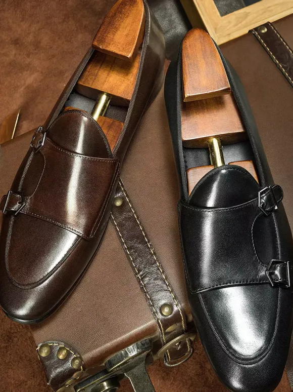 Mocassins noirs à bout rond en cuir véritable pour homme