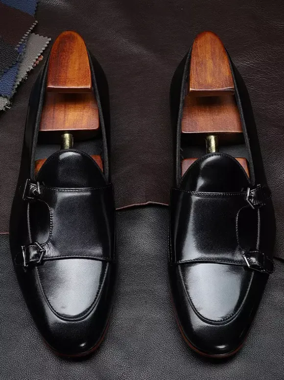 Mocassins noirs à bout rond en cuir véritable pour homme
