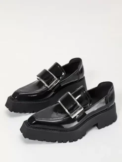 Mocassins Noirs Pour Femmes Avec Boucle Plateforme À Enfiler