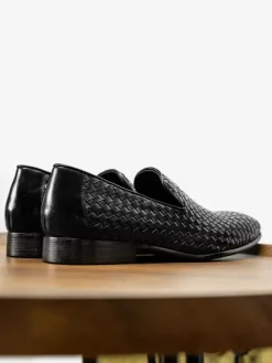 Mocassins noirs pour hommes bout rond en cuir de vachette chaussures habillées à enfiler