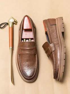 Mocassins Penny pour hommes à enfiler bout rond antidérapants talons bas chaussures Penny en cuir