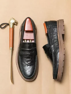 Mocassins Penny pour hommes à enfiler bout rond antidérapants talons bas chaussures Penny en cuir