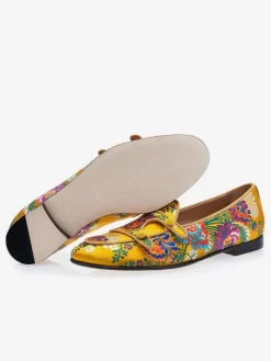 Mocassins pour hommes chaussures de mariage de fête de bal bout rond jaune brodés chaussures décontractées à enfiler