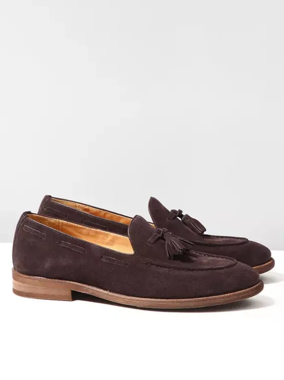 Mocassins bateau en daim pour hommes bout rond chaussures décontractées à enfiler avec pompons