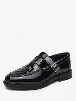 Mocassins à boucle pour homme plateforme tissée en cuir verni à bride en T à enfiler