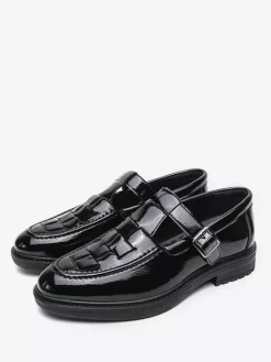 Mocassins à boucle pour homme plateforme tissée en cuir verni à bride en T à enfiler
