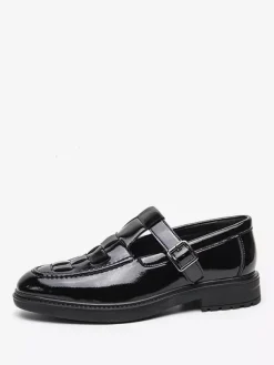Mocassins à boucle pour homme plateforme tissée en cuir verni à bride en T à enfiler
