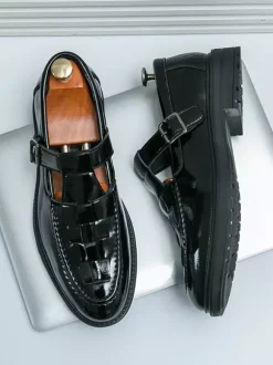 Mocassins à boucle pour homme plateforme tissée en cuir verni à bride en T à enfiler