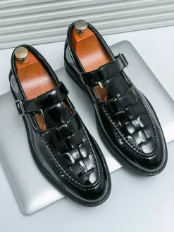 Mocassins à boucle pour homme plateforme tissée en cuir verni à bride en T à enfiler
