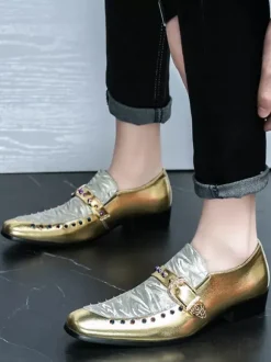 Mocassins à boucle pour hommes en cuir et daim chaussures à bout rond et talons bas style patchwork chaussures de soirée