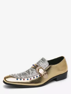Mocassins à boucle pour hommes en cuir et daim chaussures à bout rond et talons bas style patchwork chaussures de soirée