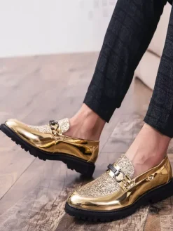 Mocassins à bout pointu brillants pour hommes chaussures habillées à enfiler