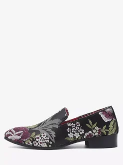 Mocassins brodés pour hommes chaussures à enfiler en tissu à motif floral bout pointu style vintage talon carré