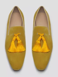 Mocassins en daim à bout rond et pompon jaune pour hommes chaussures de bal et de mariage