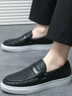 Mocassins à enfiler pour hommes bout rond en cuir tressé résistants à l'usure semelle épaisse chaussures décontractées