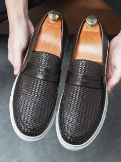 Mocassins à enfiler pour hommes bout rond en cuir tressé résistants à l'usure semelle épaisse chaussures décontractées