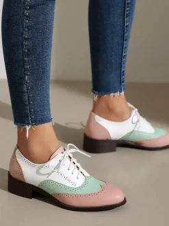 Mocassins Femmes Patchwork Bout Rond Talon Bas À Lacets Chaussures Vintage