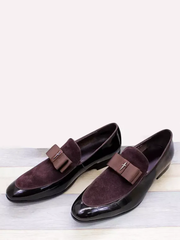 Mocassins habillés pour hommes en cuir véritable bout rond n艙ud patchwork chaussures de bal à enfiler